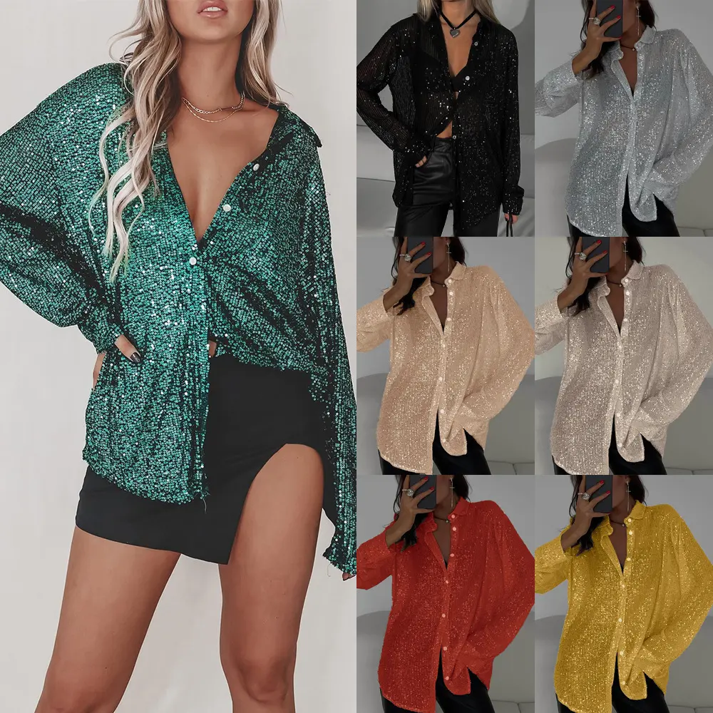 New sequin top, long-sleeved cardigan with a stand-up collar, basic women’s shirt-style outerwear