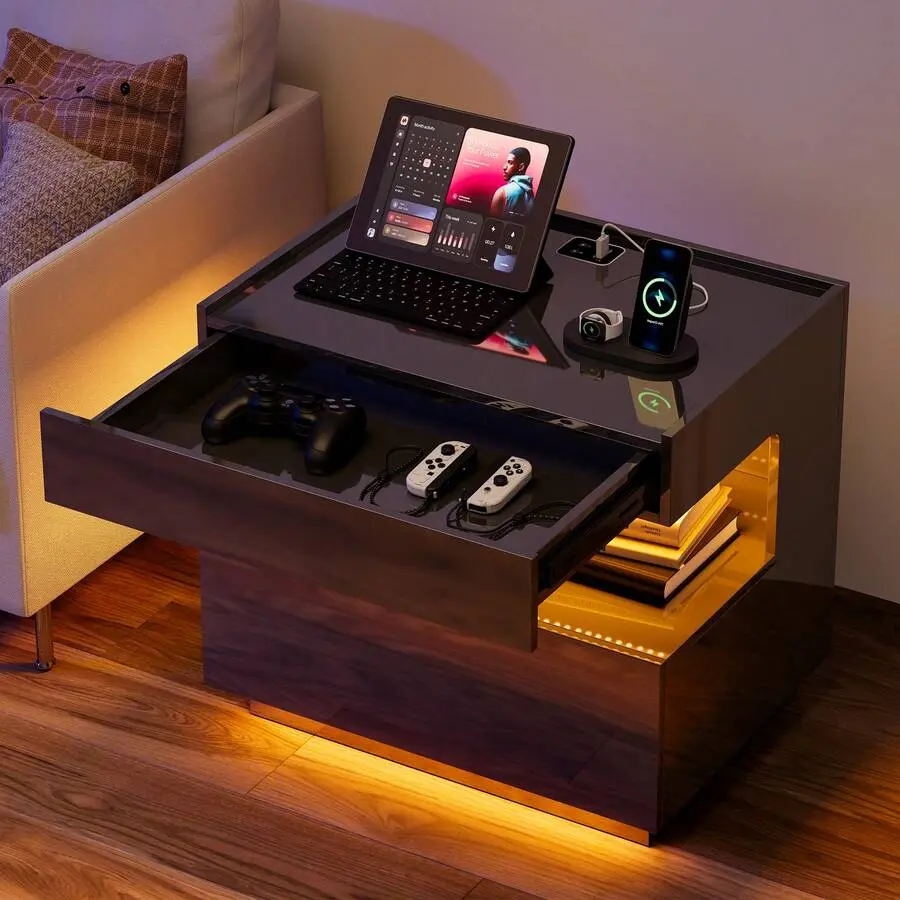 Nightstand With Gun Drawers Bedroom, Smart LED Night Stand With Hidden Compartment, Gloss Bedside Table With 3 Color Motion Sensor Lighted, USB & Type-C &Wireless Charging Station-White