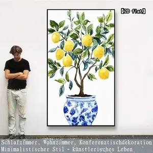 【2D flat】2D flat print of a lemon tree potted plant painting, modern frameless canvas art, home decoration, wall art, room decor, high-definition print, festival gift, living room, bedroom, dining room, office decorative hanging painting