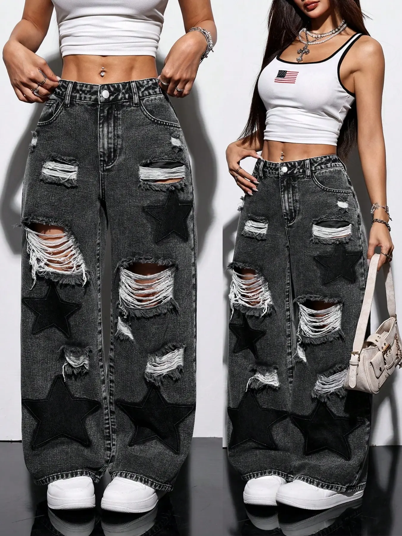 Y2K Women's Acid Wash Ripped Wide Leg Denim Jeans, Star Patch, Vintage Style, Y2K Streetwear
