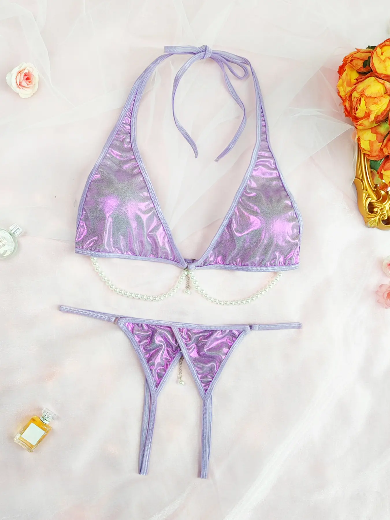 Women's Sexy Pearl Lingerie Set No Underwire 2 Piece Bra Panty Medium Support Low Waist Comfortable Slim Fit Floral Pattern