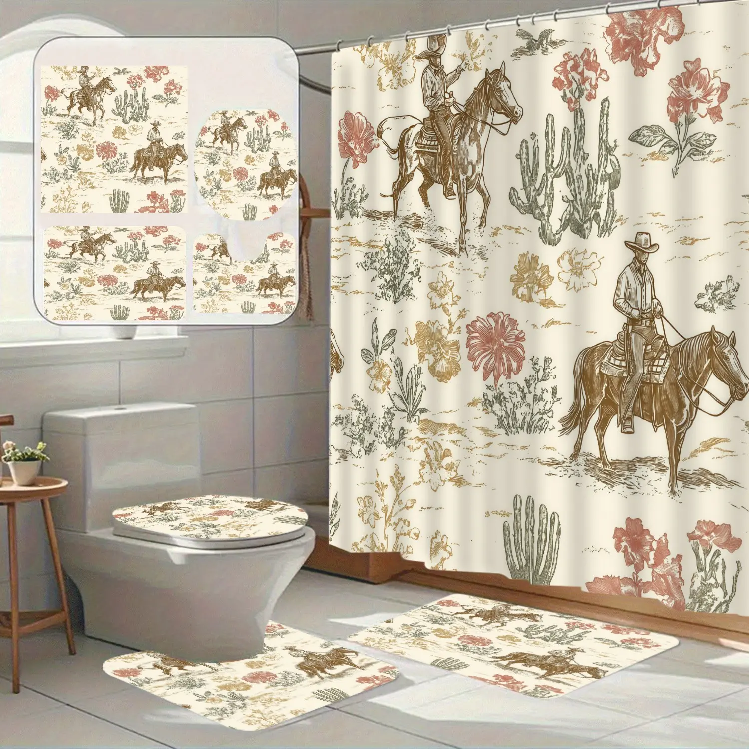 Western Cowboy Cactus Flower Floral Print Shower Curtain Set, Vintage Ranch Style, 100% Polyester, Waterproof, Bathroom Decor
