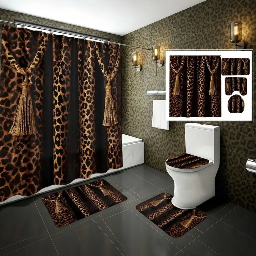 4pcs Classic Leopard Print With Golden Tassel Curtain Detail Shower Curtain Bathroom Decor Set, Retro Wild Animal Pattern Restroom Ornament,The floor mat fabric is thicker and softer!  Halloween Luxurious Style Household Washroom Decoration
