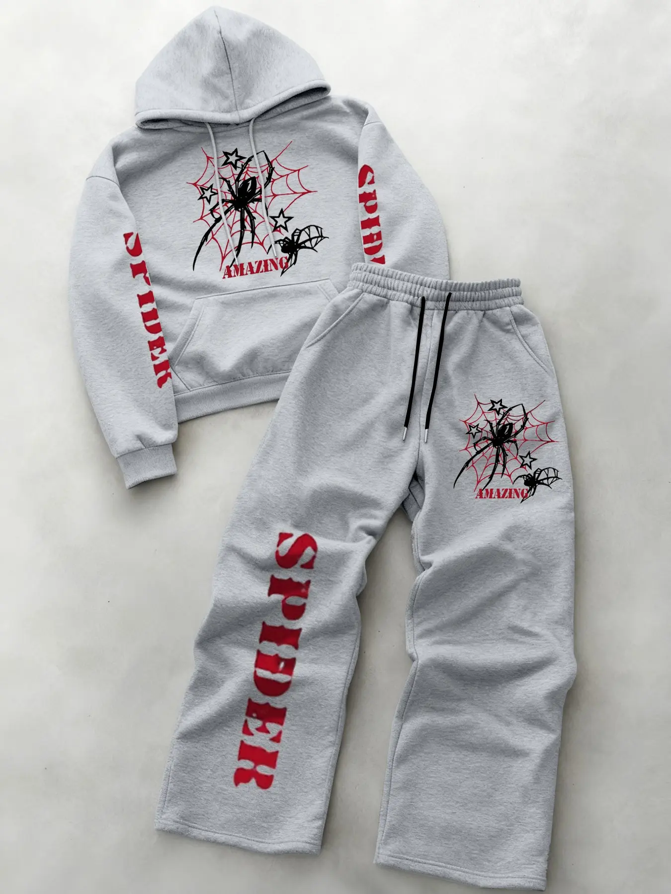 Men's Vintage Spider Web Print Hoodie Set, Streetwear Loose Fit Sweatshirt and Pants, Fall Winter Casual Sportswear