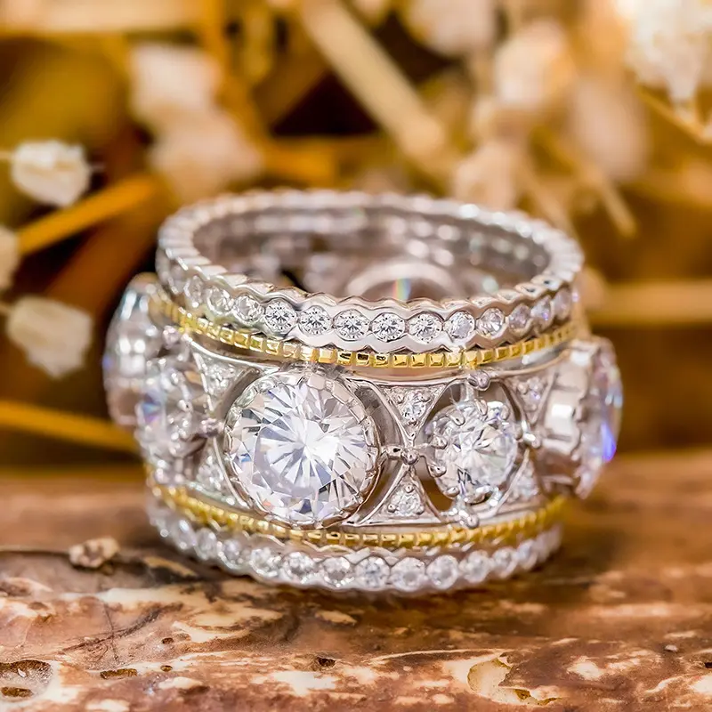 Two Tone Gold Silver Stackable Wedding Band Ring Set, Round Cut Full Paved Zir promise rings con Bridal Engagement Stacking Rings for Women