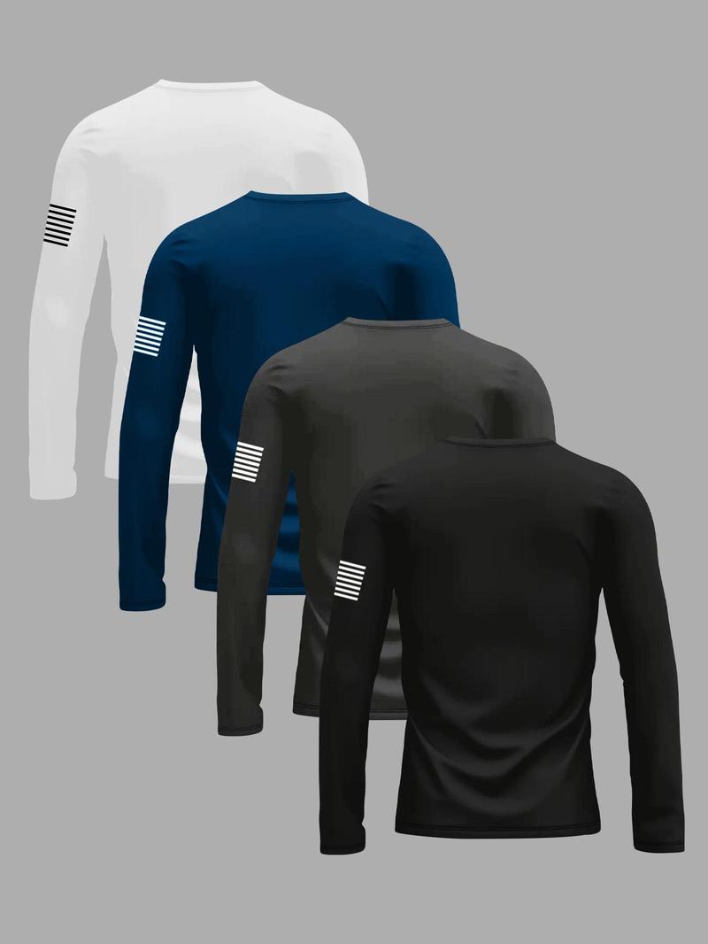 Men's Flag Print Round Neck Long Sleeve Tee, Athletic Sports Clothing, Regular Fit Casual Crew Neck T-shirt for Fall & Winter, Men's Top for Daily Wear