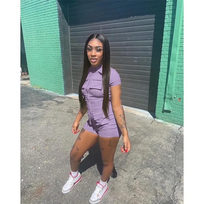 Streetwear Zipper Pockets Shorts Jumpsuit Women Clothing Short Sleeve Skinny Cargo Playsuit Summer Casual Pieces Romper