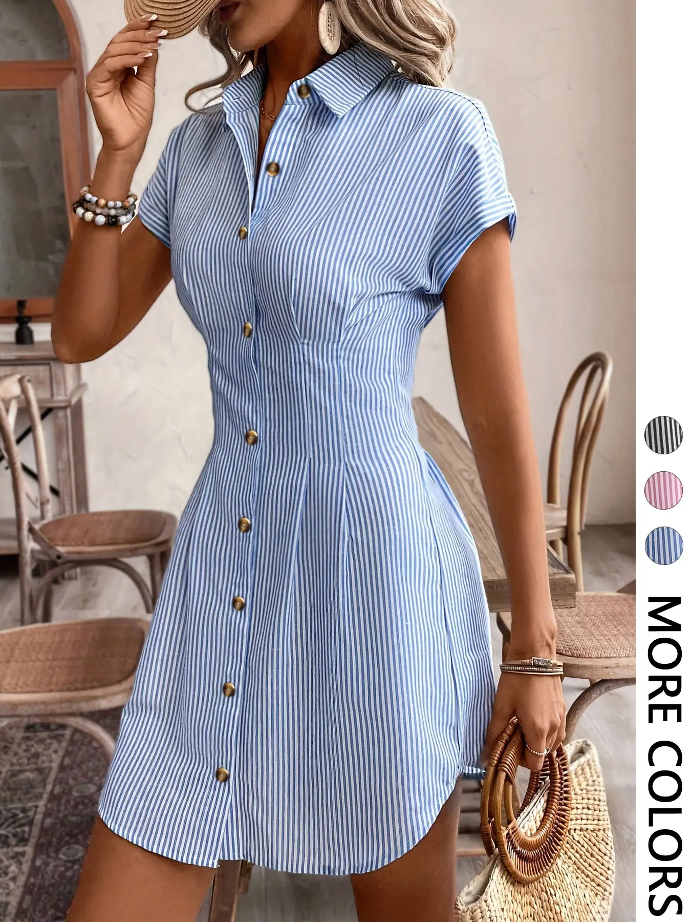 1 Piece Minimalist Collared Neck Cap Short Sleeve Single Metal Buttons Side Waist Pleats Vertical Striped Slim Casual Vacation Short Dress Fashion