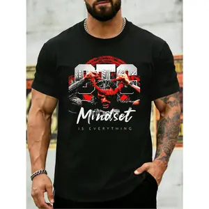 Men’s OTW Large White Varsity Letter Tattooed Male Portrait Red Chain Crown Brush Script "Mindset Is Everything" Motivational Hustle Graphic Crew Neck Short Sleeve T Shirt, Urban Entrepreneur Motivational Regular Oversized Fit Streetwear Grind Fan Tee