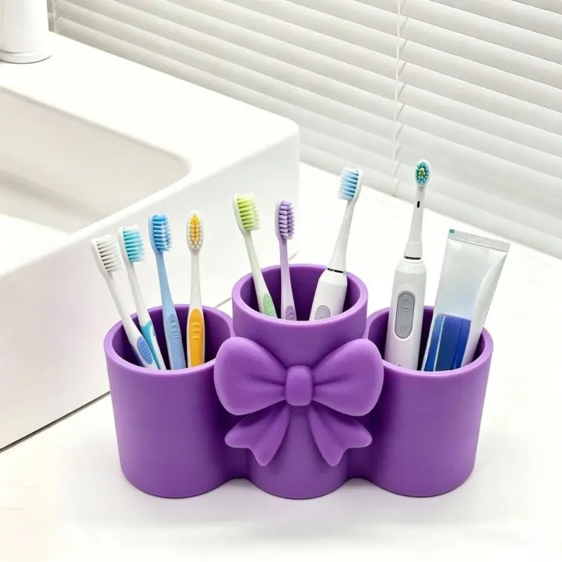 Lovely Bow Shaped Makeup Brush Holder, 3 Slot Cosmetic Tool Storage Caddy, Organizer Storage Solution, Sweet Pink Vanity Organizer Gift for Girls Women Makeup Lovers