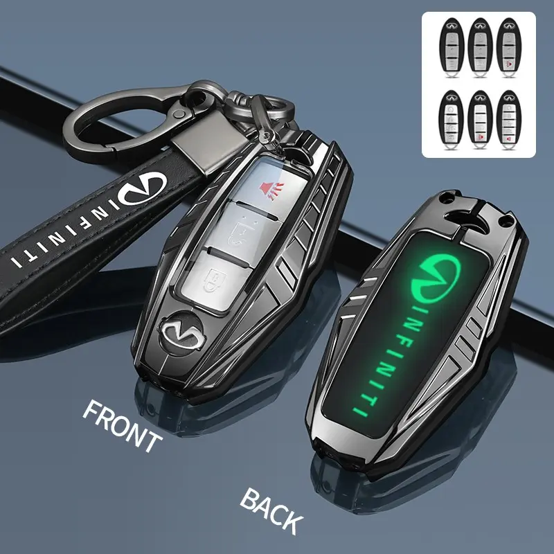 Car key cover for Infiniti G25, G35, G37, Q50, Q60, Q70, QX55, JX35, QX50, QX60, QX80. Key case, keychain, remote protector, and key shell accessory. High-quality full-cover alloy material, scratchproof, durable, and drop-resistant.