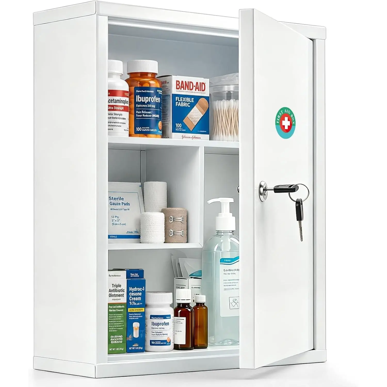 Wall Mount Locking Medicine Cabinet, Large Capacity First Aid Cabinet for Bathroom, Medicine Cabinet with Key, Secure Steel Lock Box for Medication, 15.75" H x 11.82" W x 4.72" D, White