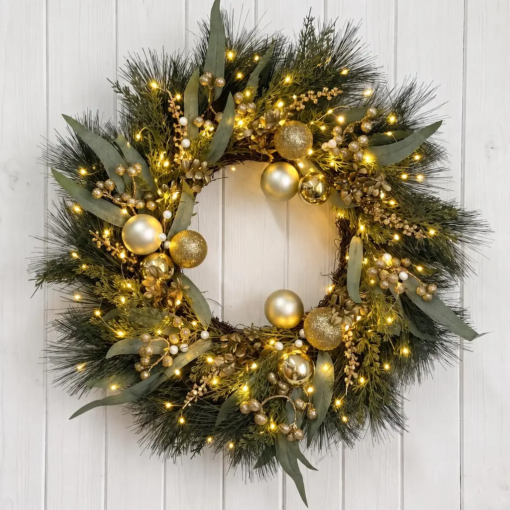 26 Inch Pre-Lit Christmas Wreath for Front Door, Gold Ball Ornaments