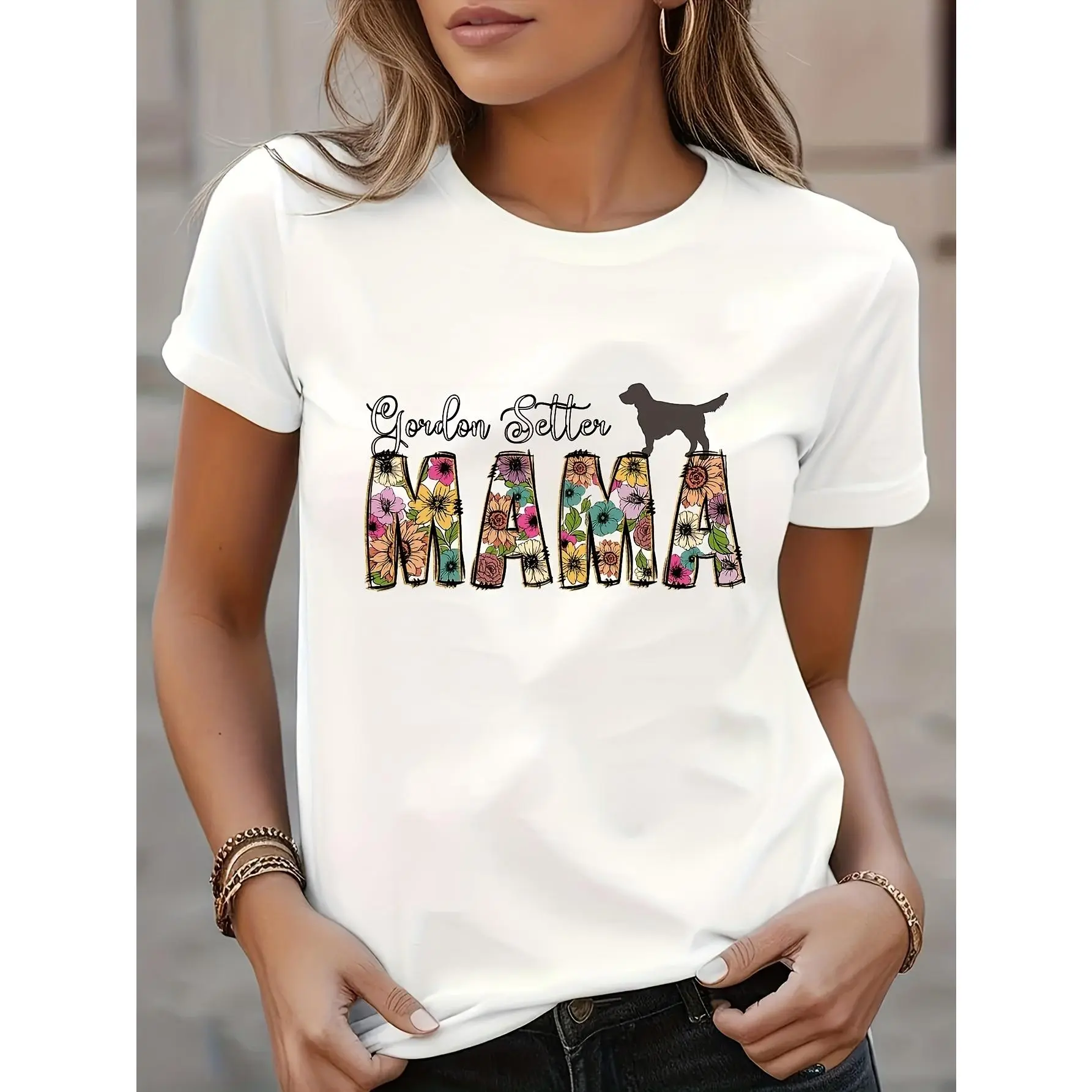 Women's Lady Gordon Setter Mom Geometric All Over Print T-Shirt - 100% Cotton Casual Crew Neck Short Sleeve Sports Top, Machine Washable, All Seasons Gift for Setter Enthusiasts, Short Sleeves