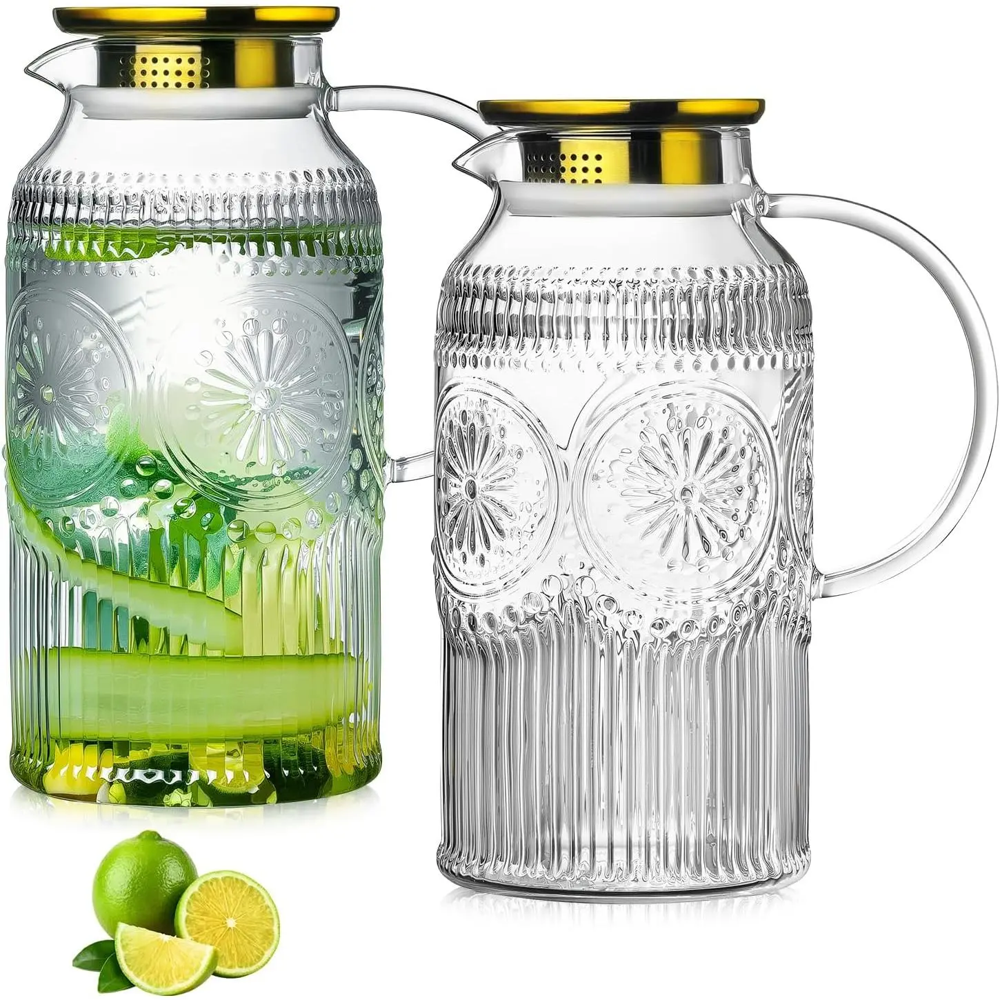 2 PACK Glass Pitcher with Lid, 68 oz  Water Carafe for Fridge | 2L Glass Water Jug with Widened Handle,2L Embossed Sun Flower Water Pitcher Glass Water Carafe for Sun ,Beverage,Hot/Cold