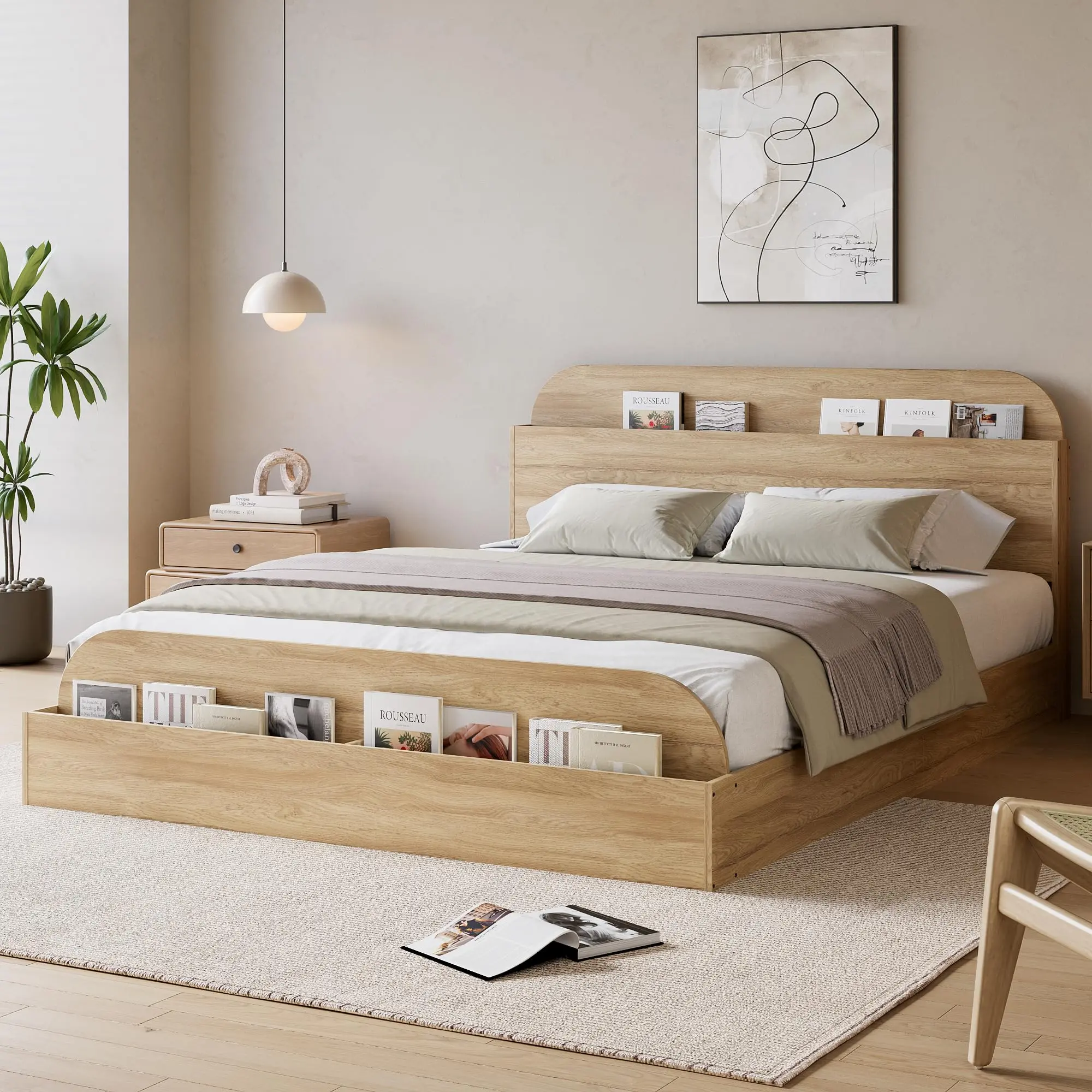 Multi-Size Rectangular Platform Bed Frame with Storage Headboard and Footboard - Available in Twin, Twin XL, Full, Queen Sizes; Natural, Walnut, Red Peach Wood, White, Golden Sandalwood Finishes for Bedroom Use
