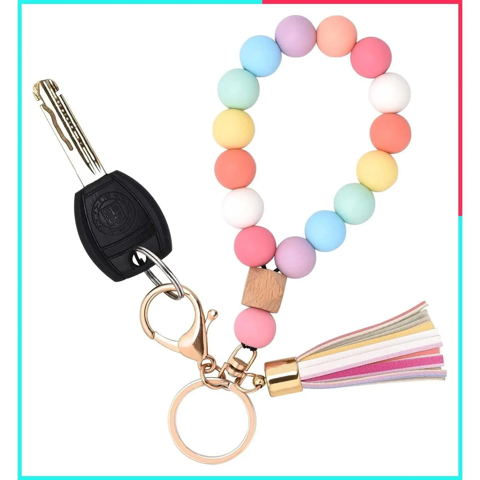 Women's Silicone Beaded Bangle Keychain with Leather Tassel Wristlet Key Ring