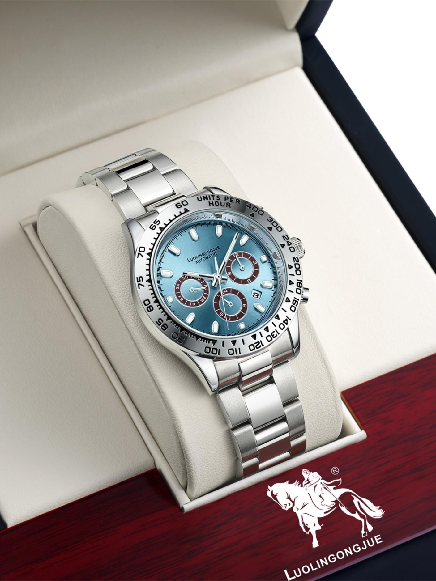 Multi-Function Chronograph Mechanical Watch for Men, Skeleton Stainless Steel Automatic Self-Winding Timepiece with Month, Date, Day, and 24-Hour Display – Luxury Gift for Business & Fashion