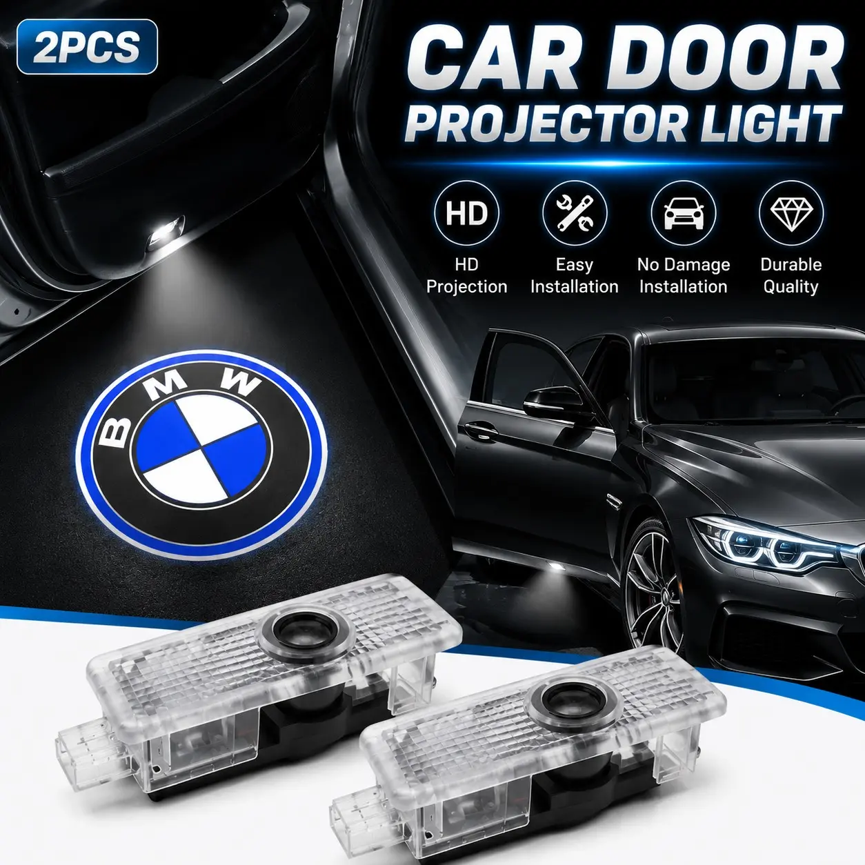 ✨🚗2PCS LED Welcome Logo Projector Lights for BMW, Compatible with 1/3/5/6/7 Series, X1 X3 X5 X6, Z4 GT M Models, HD Ghost Shadow Door Courtesy Lights, 3W Plug & Play LED Puddle Lamps, OEM Fit
