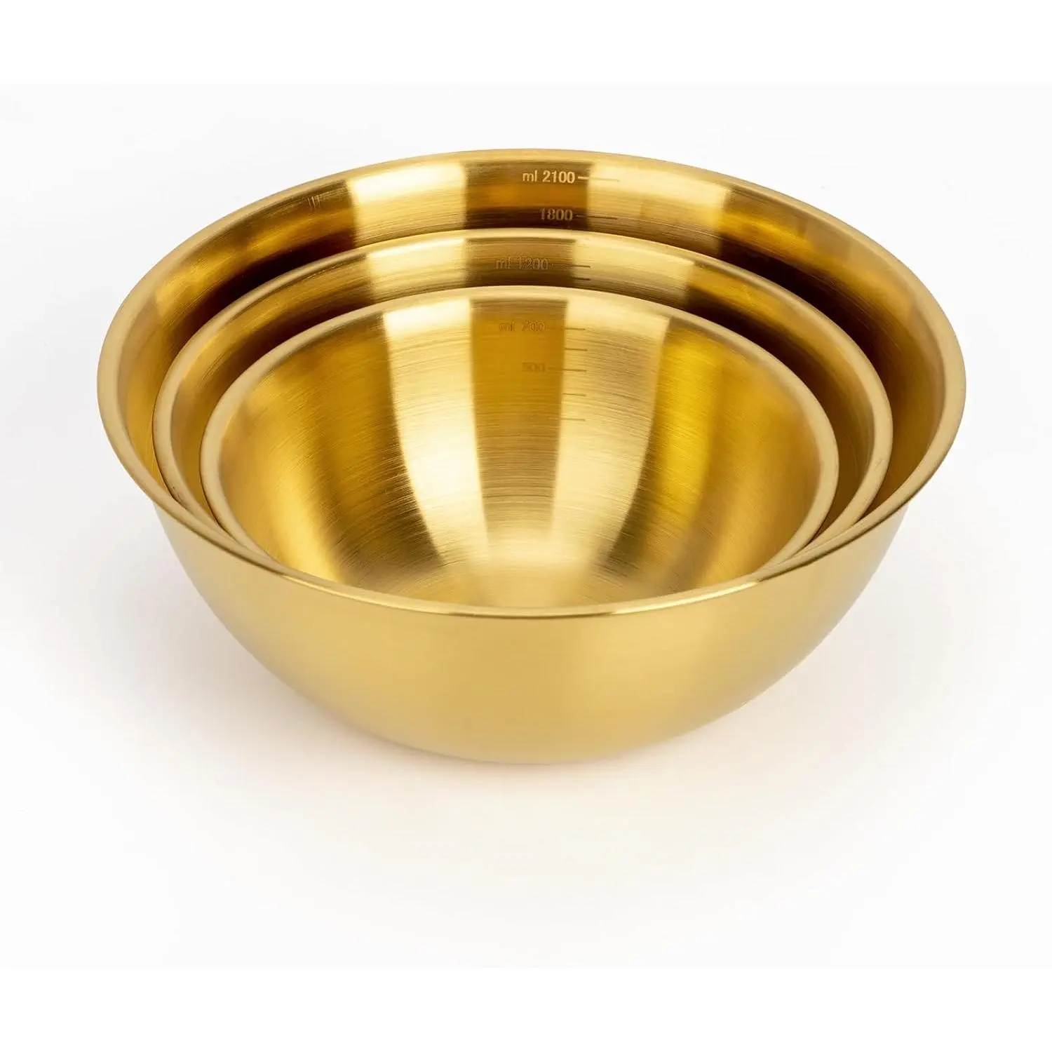 Set of 3 Golden Stainless Steel Mixing Bowls, 6.3"+7.1"+8.26" Stackable Metal Prep Bowls with Clear Measurement Scale Marks, Dishwasher Safe Nesting Storage Bowls for Baking, Salad, Cooking & Daily Kitchen Meal Prep