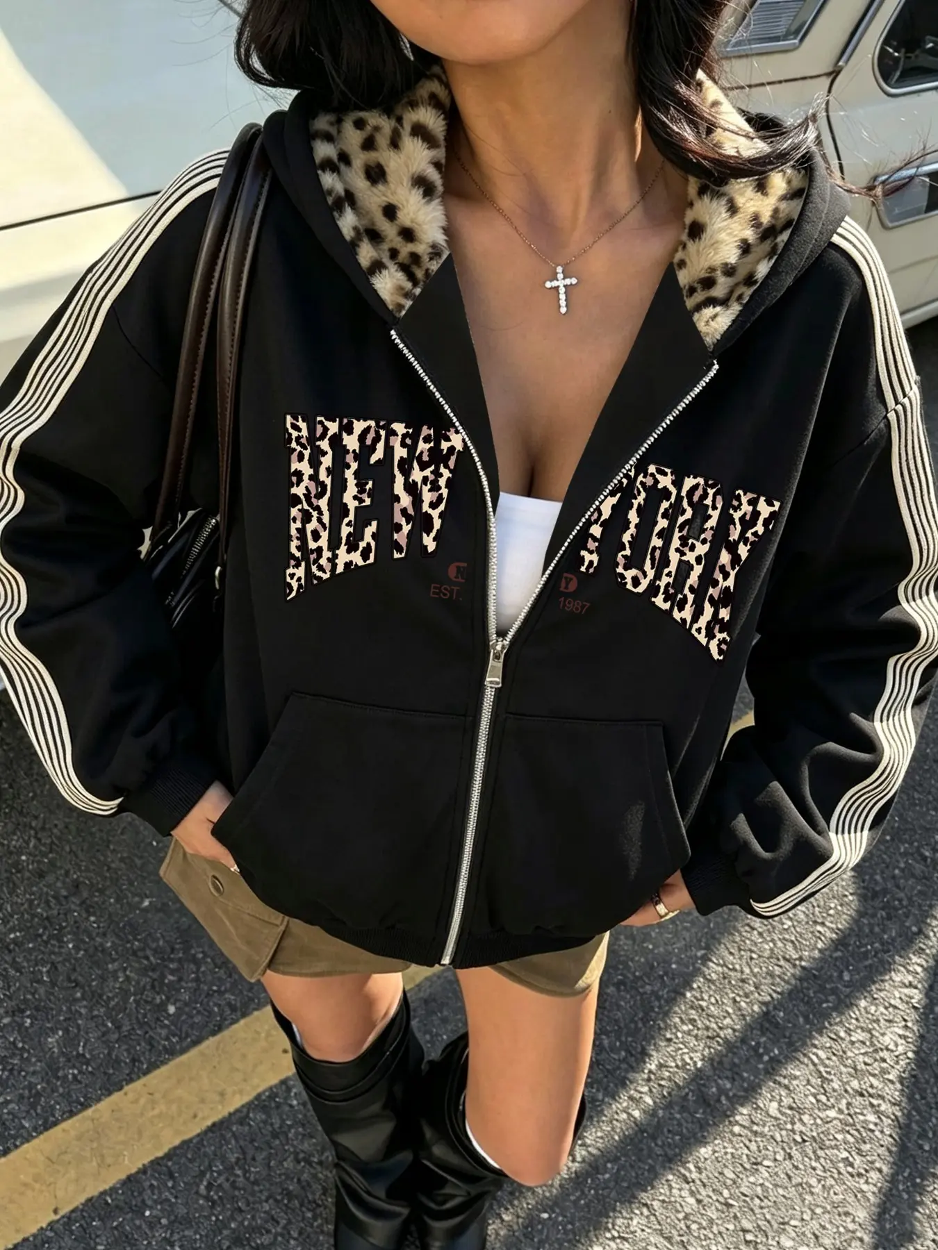 Women's Casual Leopard Print Zipper Sweatshirt, Long Sleeve Loose-Fit, Pocket Design, Fall & Winter Warm Clothing, Daily Wear