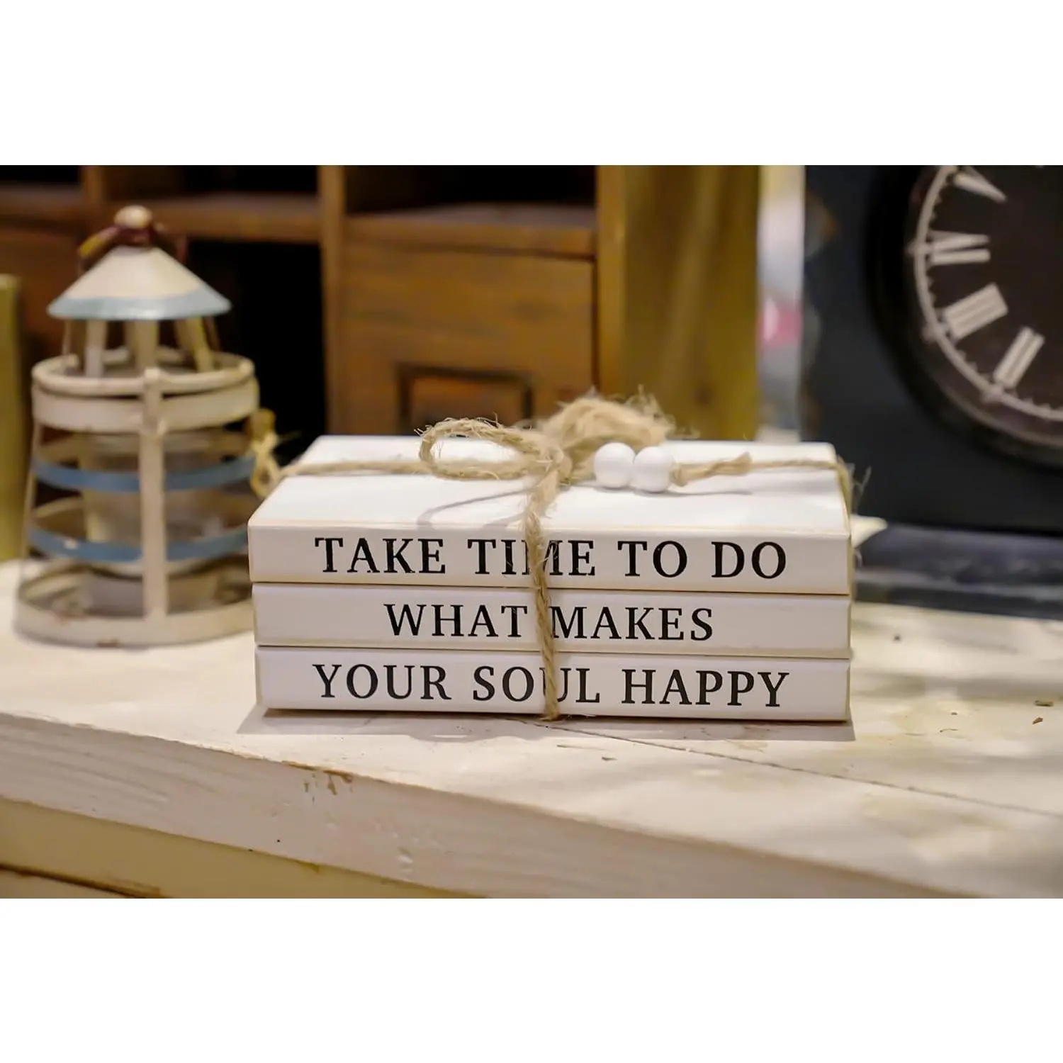 3 Pieces Wooden Decorative White Books, Rustic Farmhouse Faux Books for Coffee Table Shelves with Wood Bead Tassels and Leaves, 7"x 4.6"x 2.5" (Take Time to Do What Makes Your Soul Happy) 3 Pieces Wooden Decorative White Books, Rustic Farmhouse Faux Books for Coffee Table Shelves with Wood Bead Tassels and Leaves, 7"x 4.6"x 2.5" (Take Time to Do What Makes Your Soul Happy)