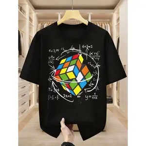 Casual, Men's T-Shirt, Rubik's Cube And Math Formulas, Summer Wear, Gift For Students And Puzzle Lovers
