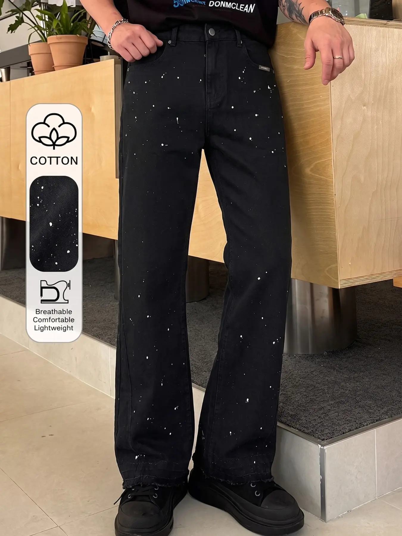 European Street Style Splatter Micro Flare Jeans, Dual Layer Fuzzy Hem Elastic Casual Long Pants, Wearable All Year Round