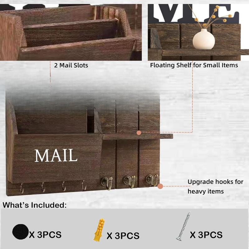 Key and Mail Holder for Wall, Rustic Wooden Mail Organizer with Shelf and 7 Hooks, Space Saving Farmhouse Entry Way Key Rack for Coat,  Leash, Home Accessories (Brown)