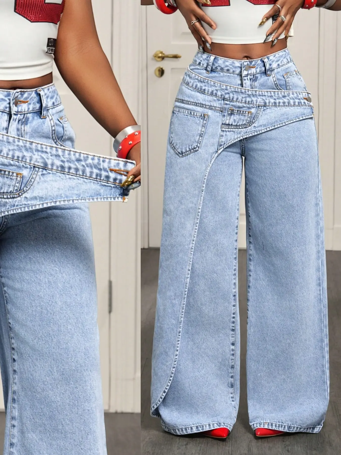 Women's Casual Denim Long Pants, Elegant Plain Pattern, Loose-Fitting, All-Season Fashion, Trendy Asymmetrical Design