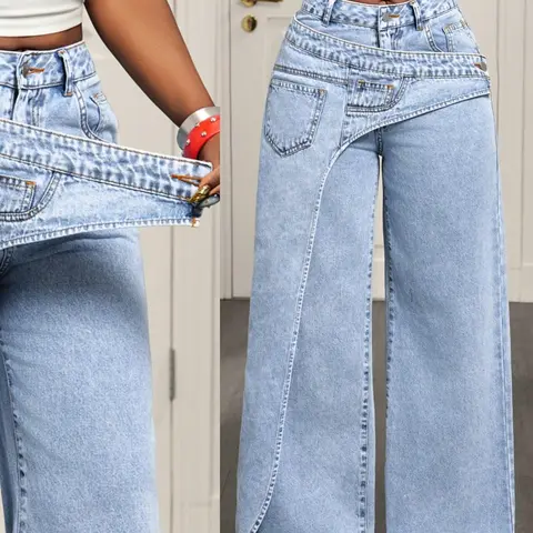 Women's Casual Denim Jean Long Pants, Elegant Plain Pattern, Loose-Fitting, All-Season Fashion, Trendy Asymmetrical Design