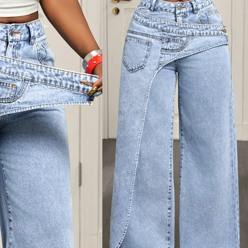 Women's Casual Denim Jean Long Pants, Elegant Plain Pattern, Loose-Fitting, All-Season Fashion, Trendy Asymmetrical Design