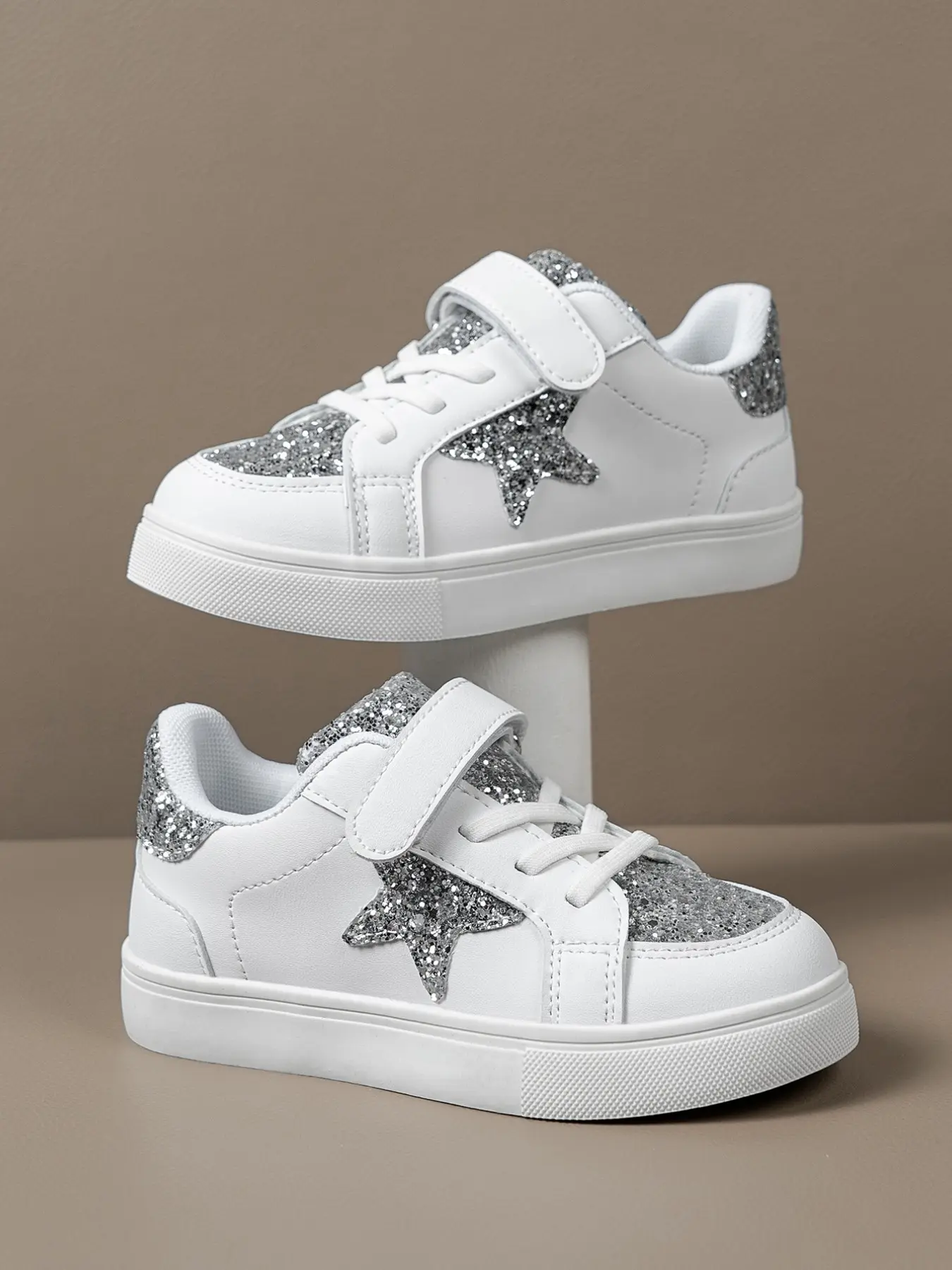 Girls' Sequin Star Velcro Casual Flat Trainers, Decorative Laces, Easy-On, Soft Material, Perfect for School and Outdoor Play, All Seasons