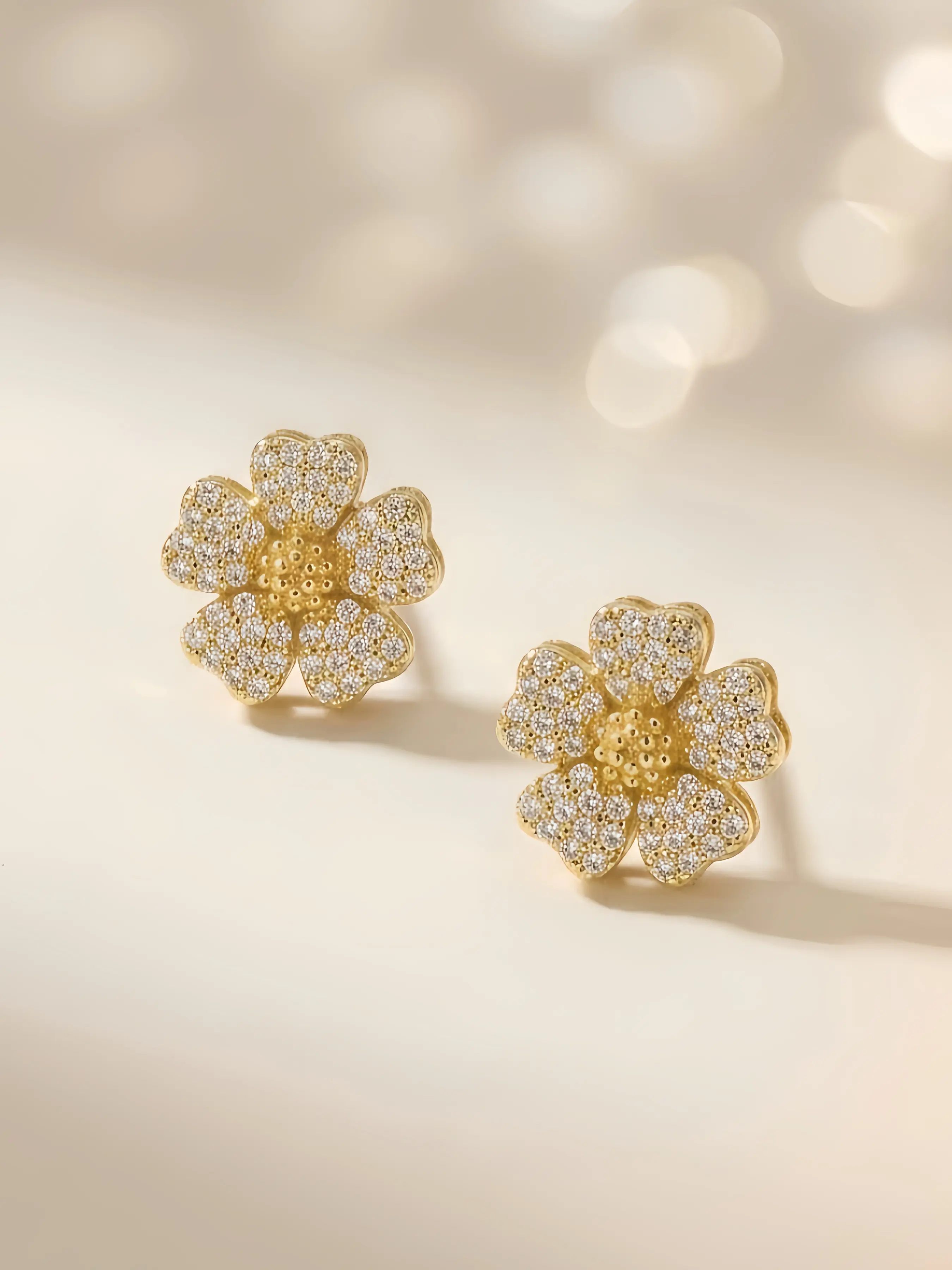 Elegant Golden Plated Flower Stud Earrings for Women, Sparkly CZ Micro Pave Floral Earrings, Dainty Jewelry Gift for Her