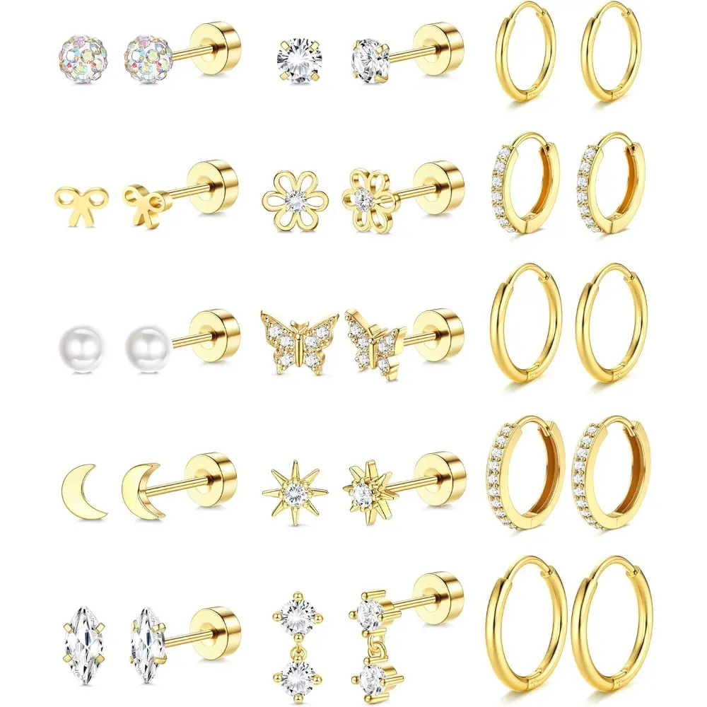 15 Pairs 316L Surgical Stainless Steel Flat Back Stud Earrings Set for Women Girls 14K Gold Plated Cute CZ Butterfly Flower Stud Earring Small Huggie Hoops Cartilage Stacks Earring Trend Jewelry Gifts Hypoallergenic