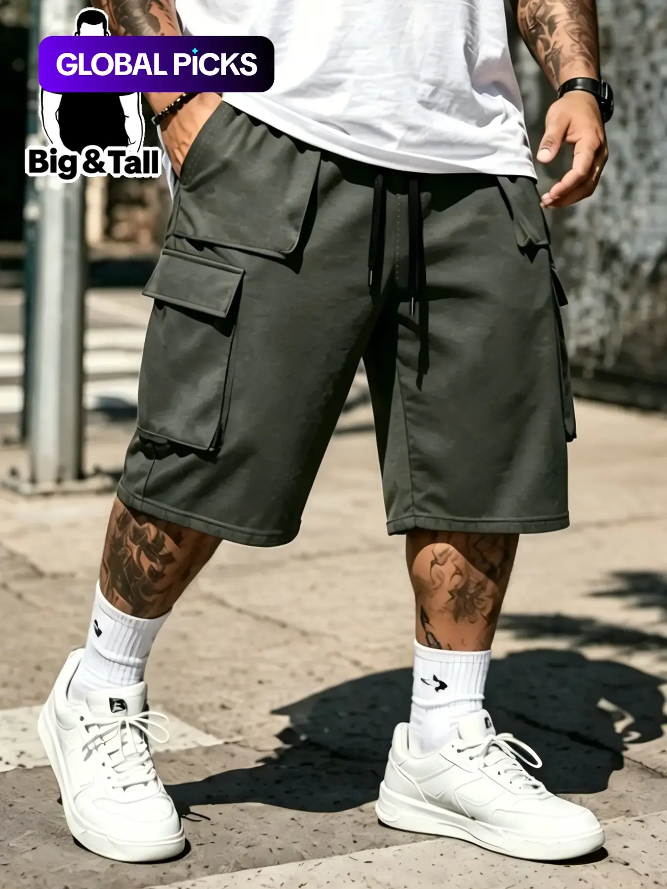 Plus Size Men's Elastic Drawstring Cargo Shorts, Comfortable Durable Large Pockets Outdoor Sports Shorts #GLOBAL PICKS