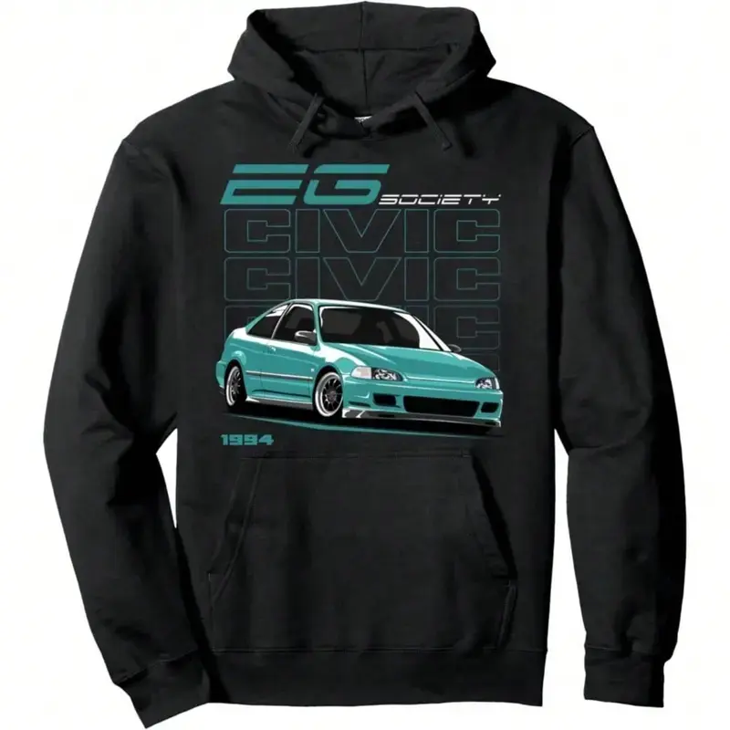 Men's Civic EG Car Society Graphic Hoodie - Cotton Blend Black Long Sleeve Pullover Regular Fit |   Soft & Breathable Fabric, Durable Print, Everyday Comfort, Machine Washable, vintage car graphic car enthusiast,sohochic