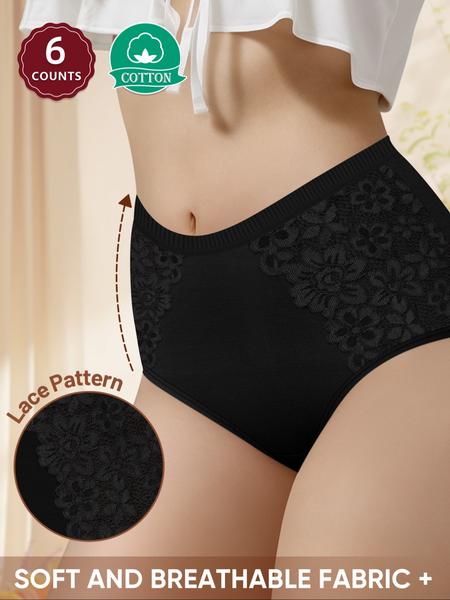 6Pack Cotton Women's High Waist Briefs with Lace Trim, Soft Breathable Shaping Underwear for All Seasons, Comfortable Fitted Women's Panties