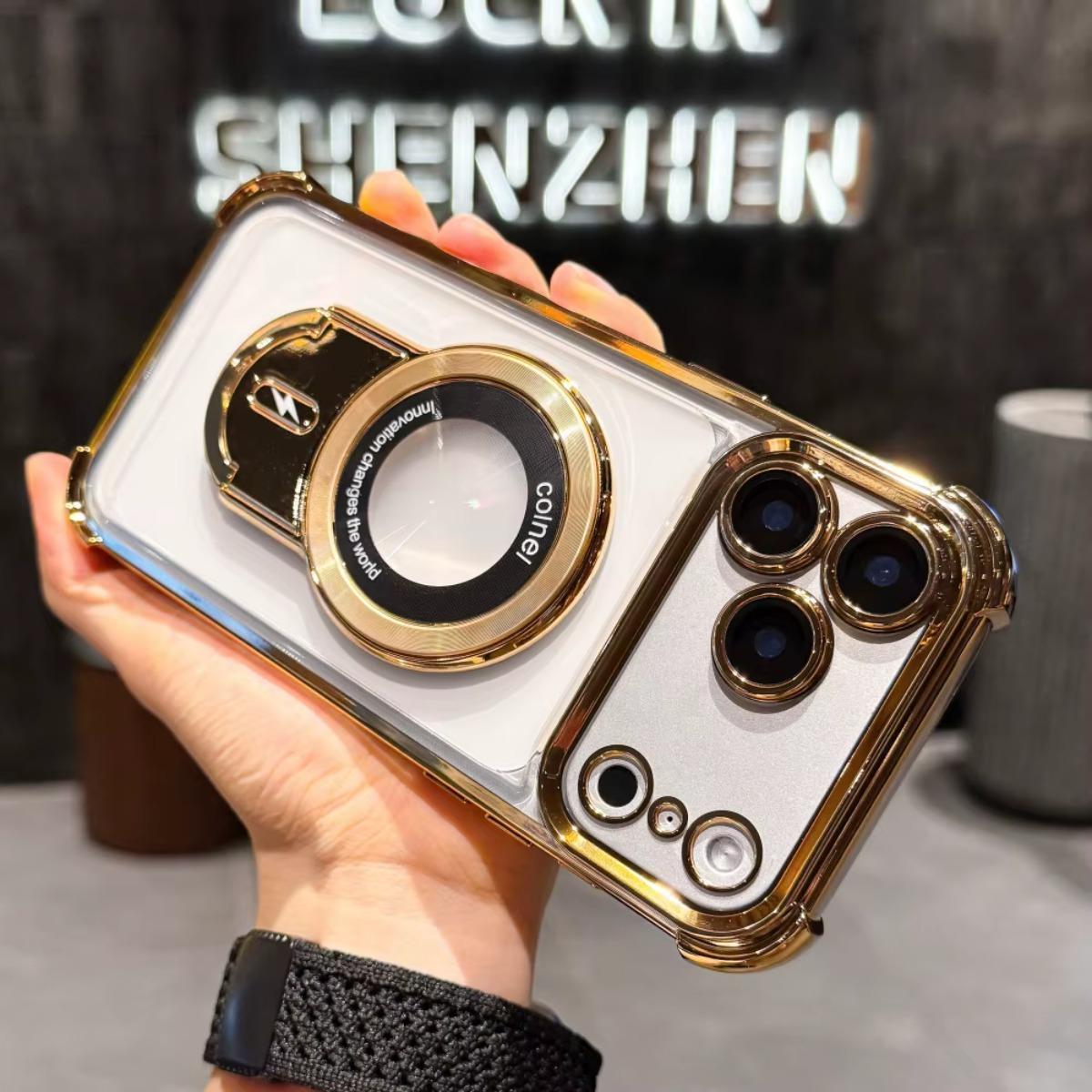 Plating Shockproof Magnetic Pulling Bracket Case For iPhone 17 16 15 14 Plus 13 Pro Max Air Clear Bumper Cover shockproof slim case