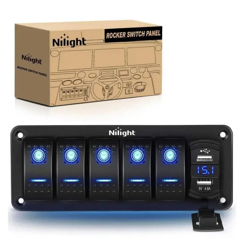 Nilight 5-Gang Aluminum 5-Pin ON/OFF Blue Rocker Multi-Switch Panel, 4.8A Charge Dual USB Charger, Voltmeter with Pressable Cord Switches