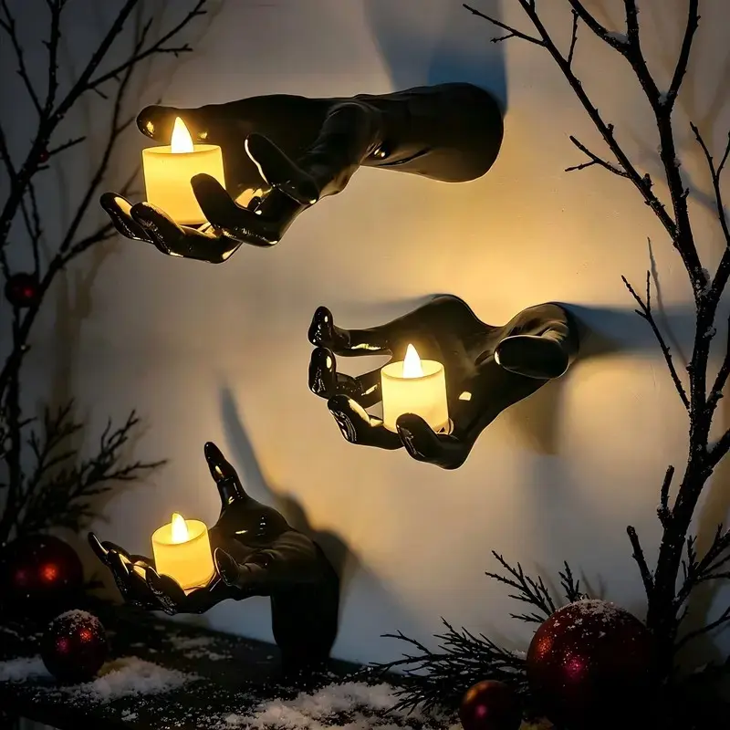 Halloween Decorations, Pack of 3 Wall Mounted Creepy Reaching Hands with Lighted Candles, Life-Sized Horror Hands for Gothic Wall Decorations, Scary Halloween Decorations Indoor,Easterhalloween ,haunted,witch,ghost, skeleton,spooky,jack-o