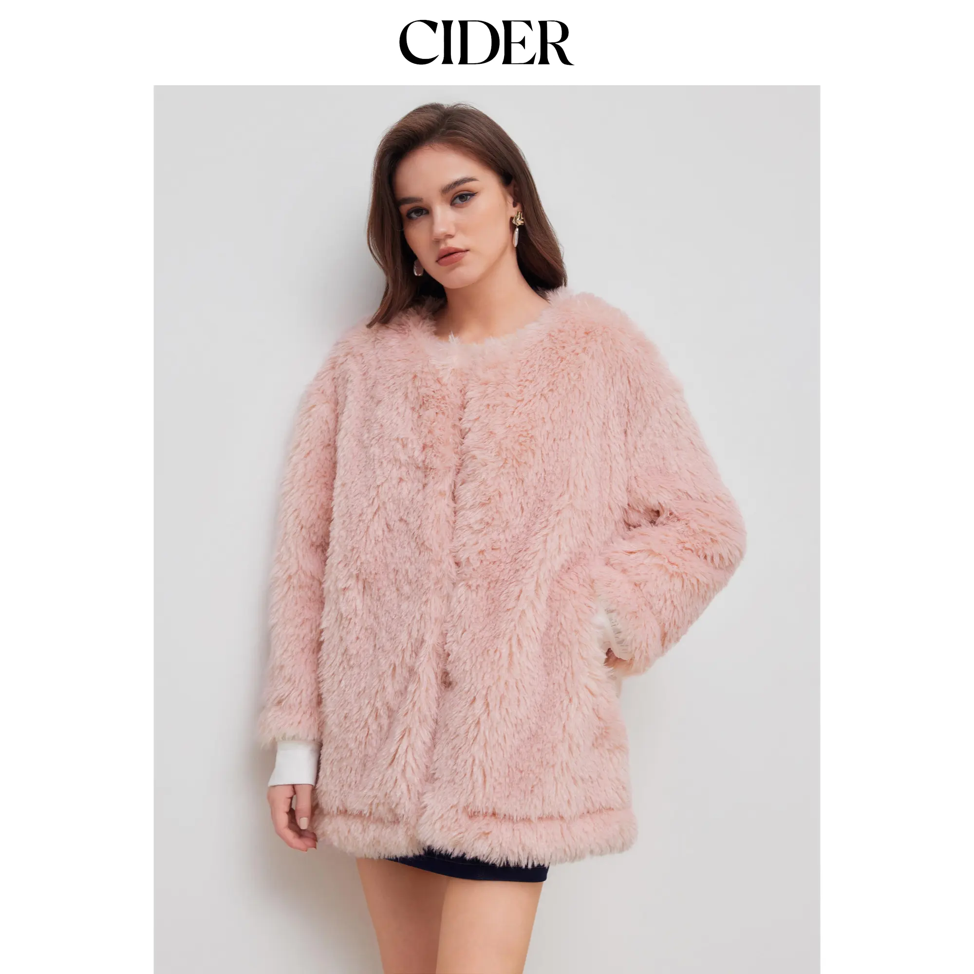 Cider [size 2-10] Faux Fur Round Neckline Solid Pocket Oversized Fleece Jacket