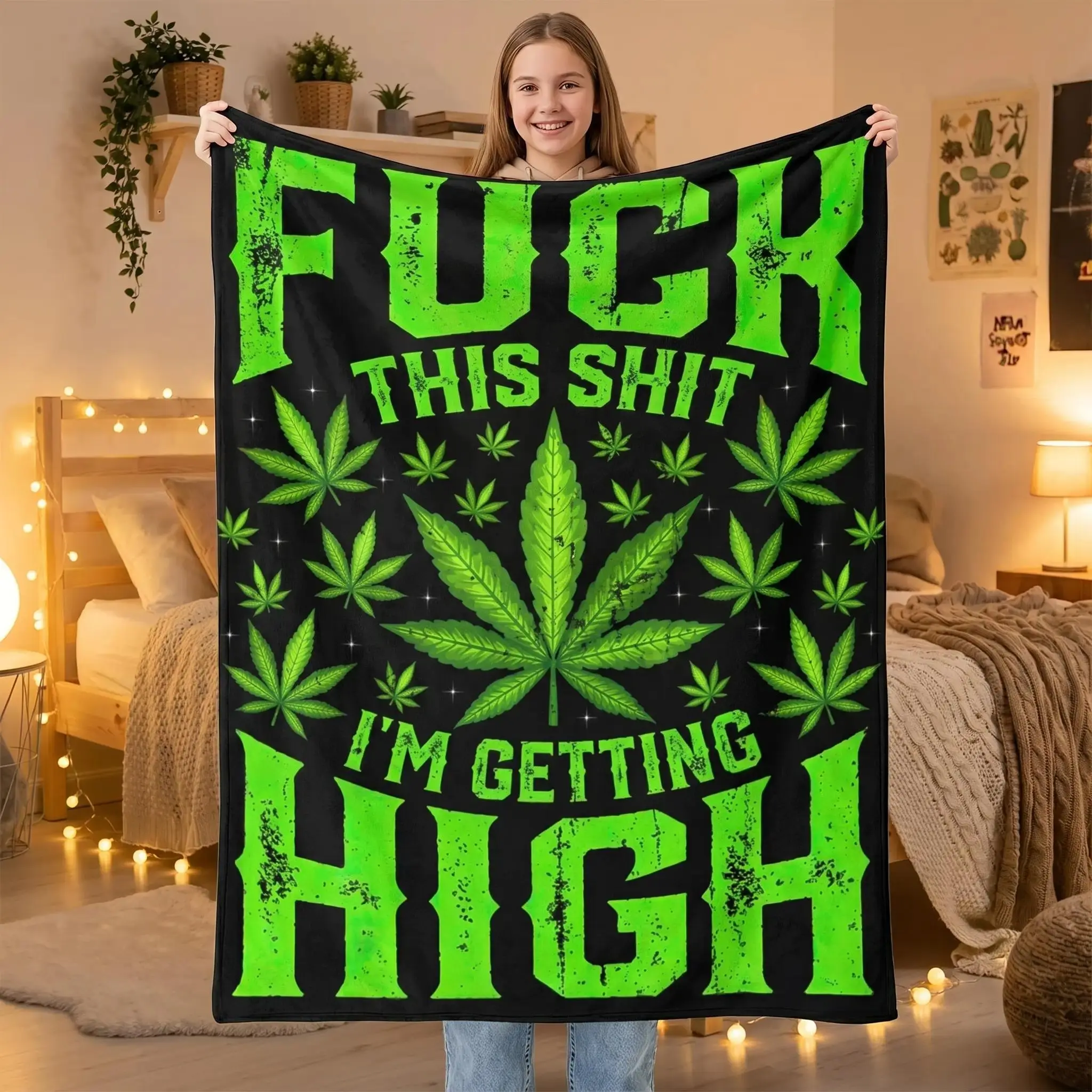 Fuck This Shit I'm Getting High Graphic Marijuana Stoner Blanket Gift for Girls Boys Women Super Soft Flannel Blanket for Sofa Couch Bed Camping Travel Plush Warm Home Decor