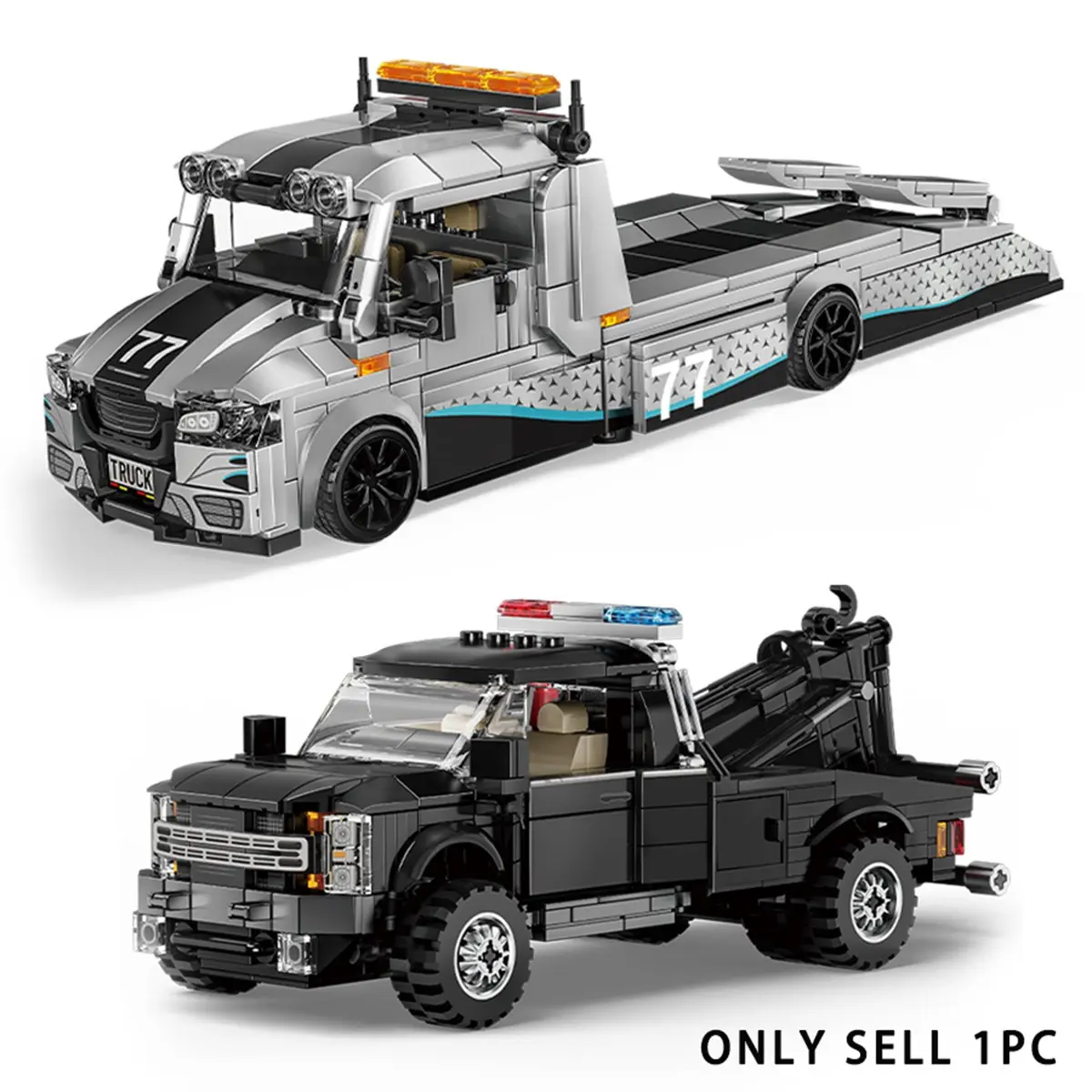 Heavy-duty truck trailer building block model, can carry 8-stud wide race car, a perfect collectible for car enthusiasts, suitable as home or office desk decor, made of high-quality ABS material