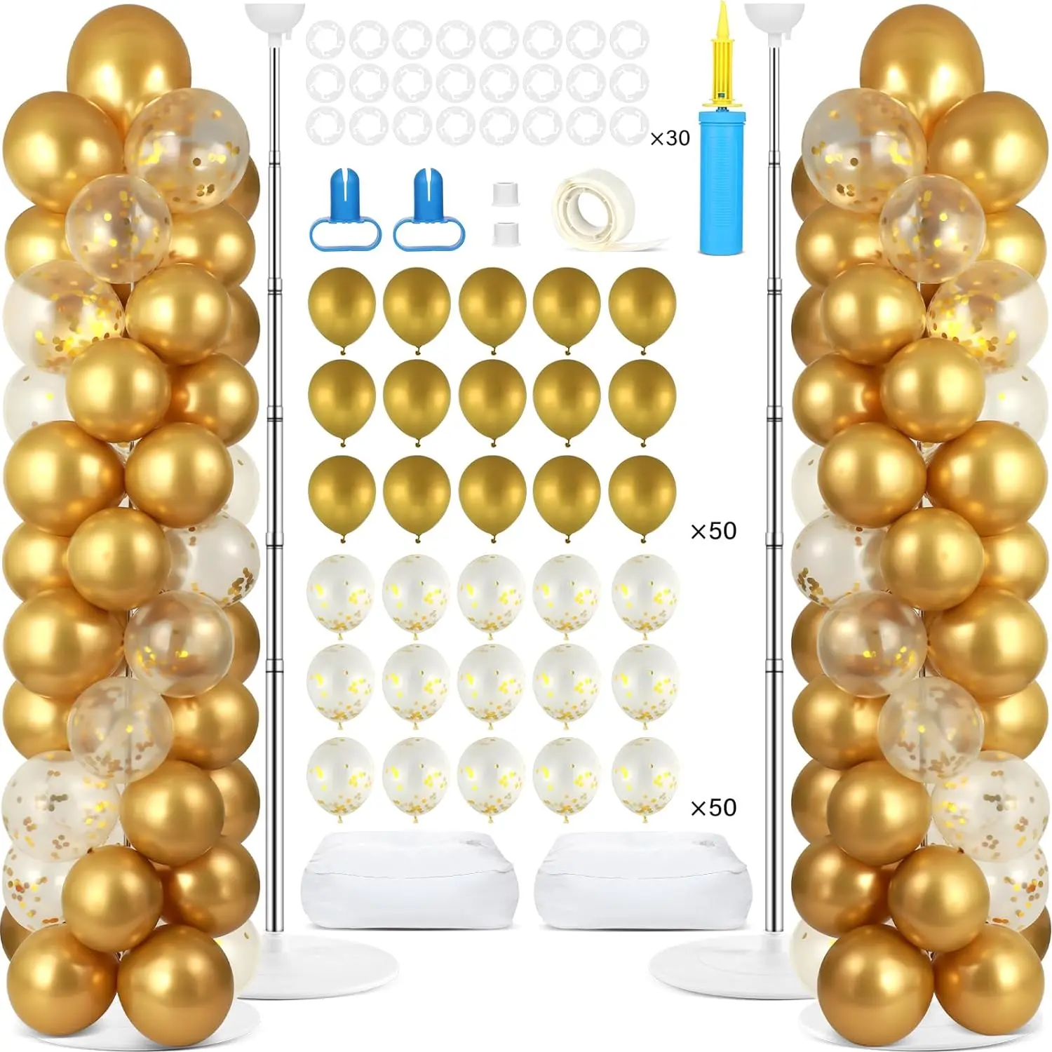 2 Sets Metallic  Balloon Column Stand Kit with 100 Balloons Adjustable Balloon Tower Stand with Bases for Floor  Confetti Balloons Column Kit for Shower Birthday Wedding  to School Party