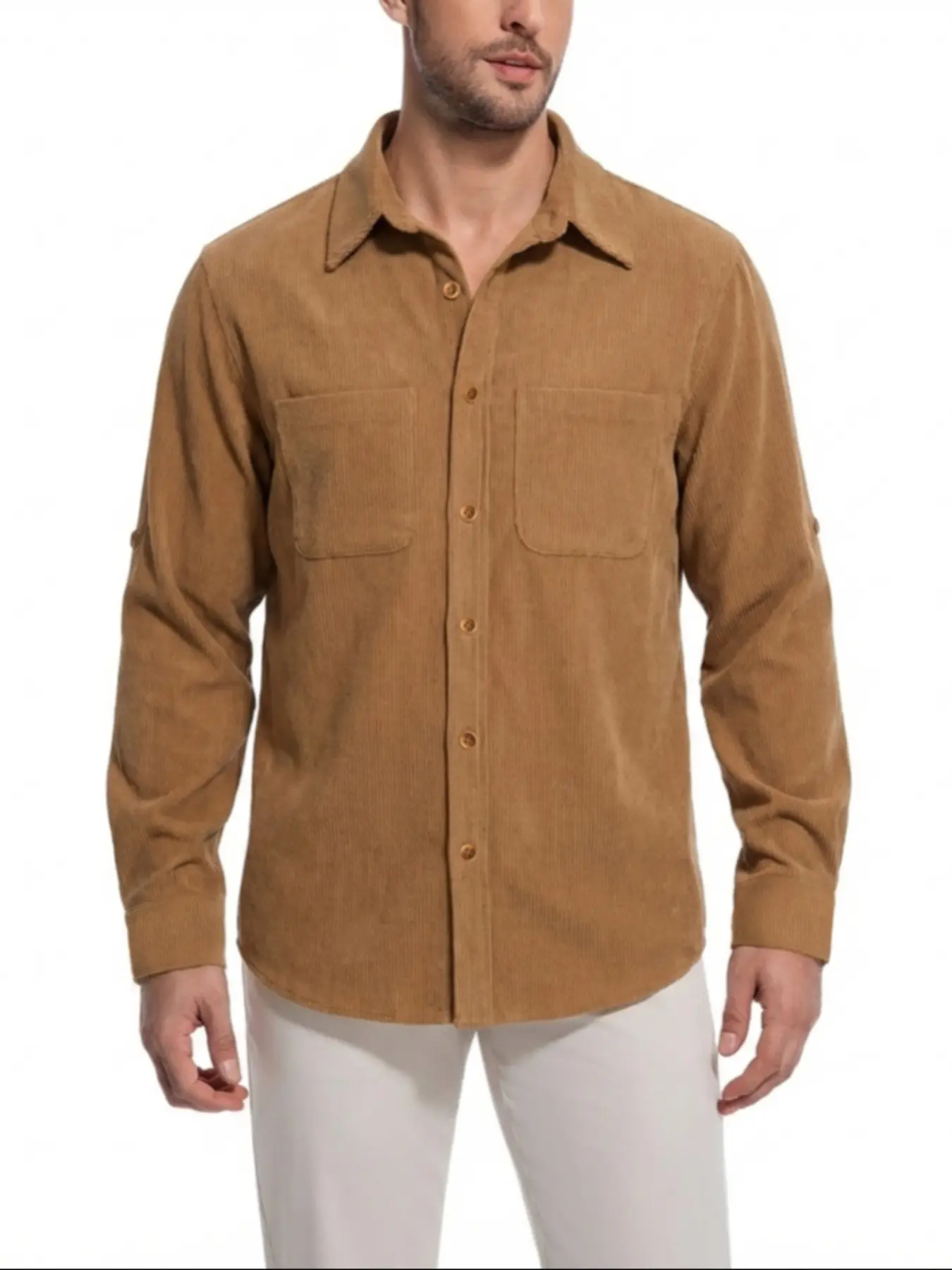 Men’s Corduroy Button Down Shacket, Long Sleeve Collared Overshirt with Chest Pockets, Vintage Casual Workwear for Fall & Winter