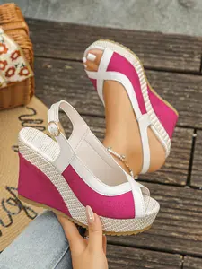 Women's Cross Strap Fish Mouth Wedge Sandals, Back Tie Straw Thick Sole Colorblock Waterproof Platform High Heel Beach Shoes