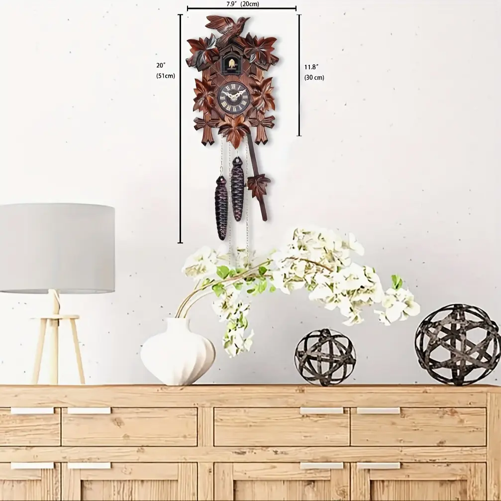 Quartz Cuckoo Clock 5-Leaves, with Singing Bird, Night Mode And Swinging Pendulum, Hand Carved Wood Decorations, Quartz Cuckoo Clock for Wall