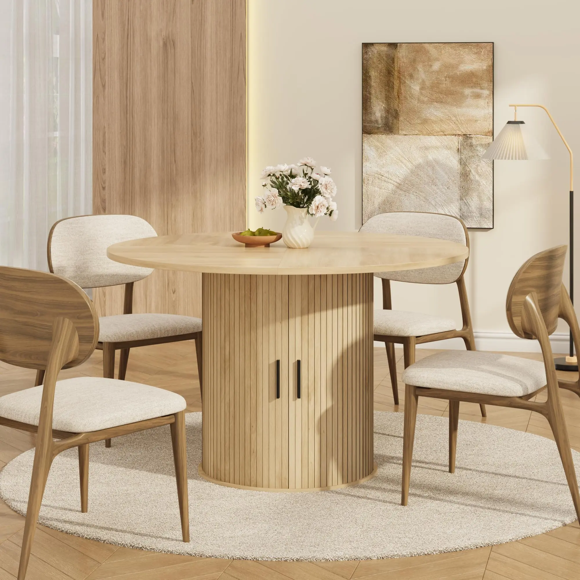 Modern Round Dining Table for 4 - 47 Inch with 2-Layer Storage Shelf, Sliding Wood Door - Space-Saving, Black Finish for Kitchen & Dining Room