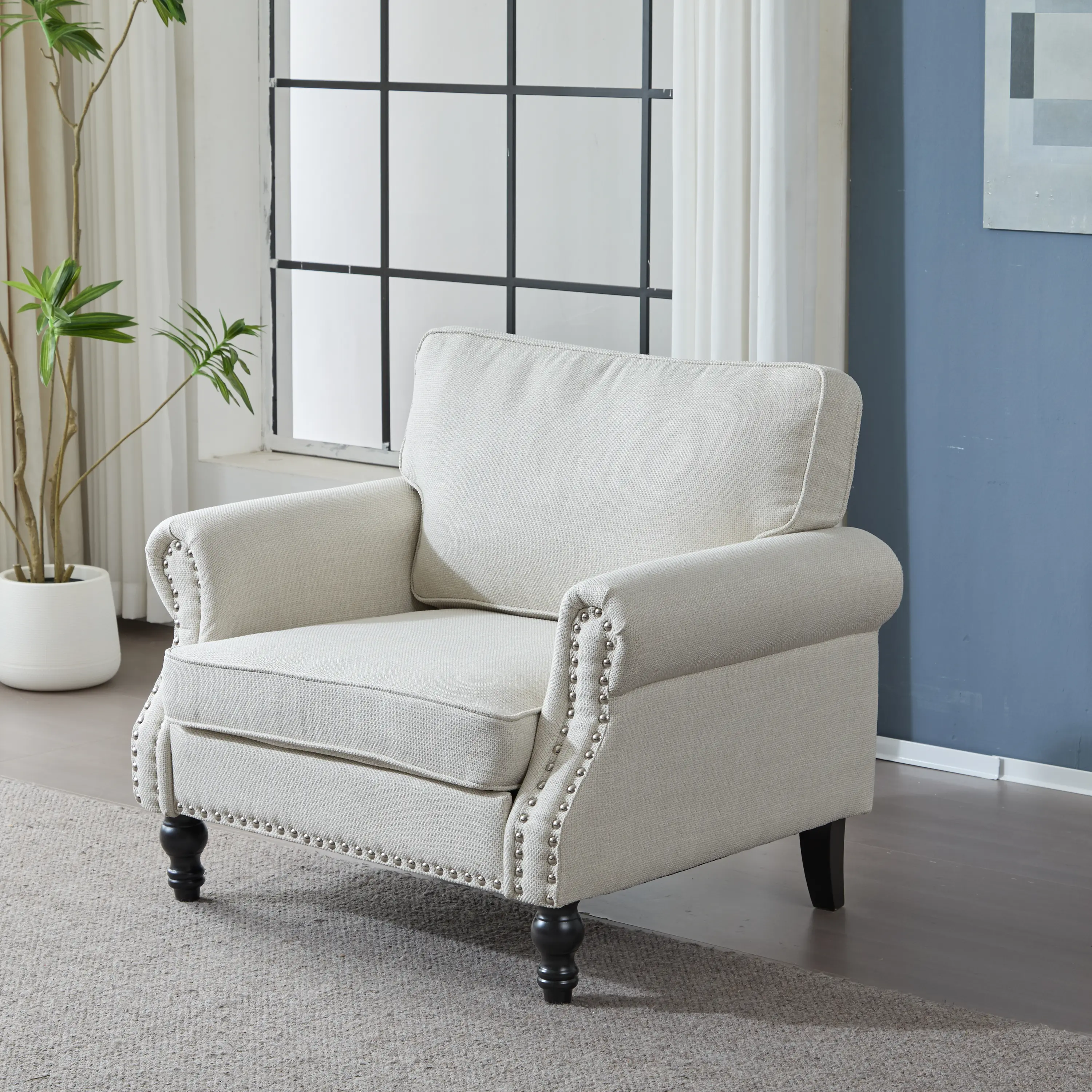 ARCH 40.16 Inch Nailhead Trim Sofa for Living Room, 22" Deep Seat Rolled Arm Couch, Faux Leather Upholstered 1 Seater Sofa with Wooden Legs, Traditional Single Sofa Beige, Living Room Furniture for Apartment, Lounge, Family Room, Sofa Couch Seating